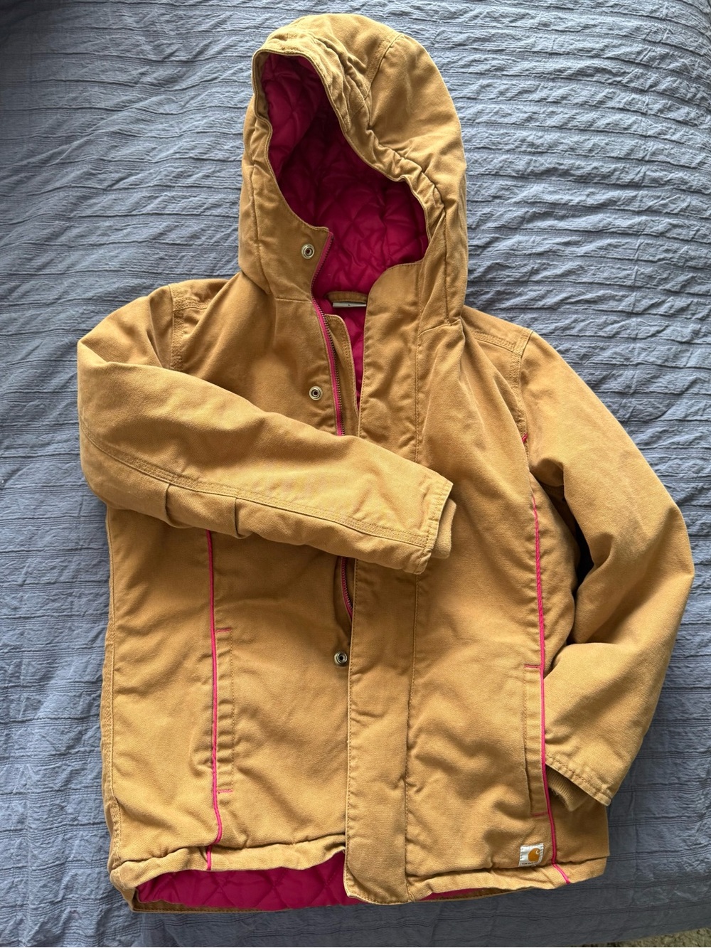 Size 14 Large Carhartt Kids Hooded Puffer Duck Jacket in Tan with Pink Lining